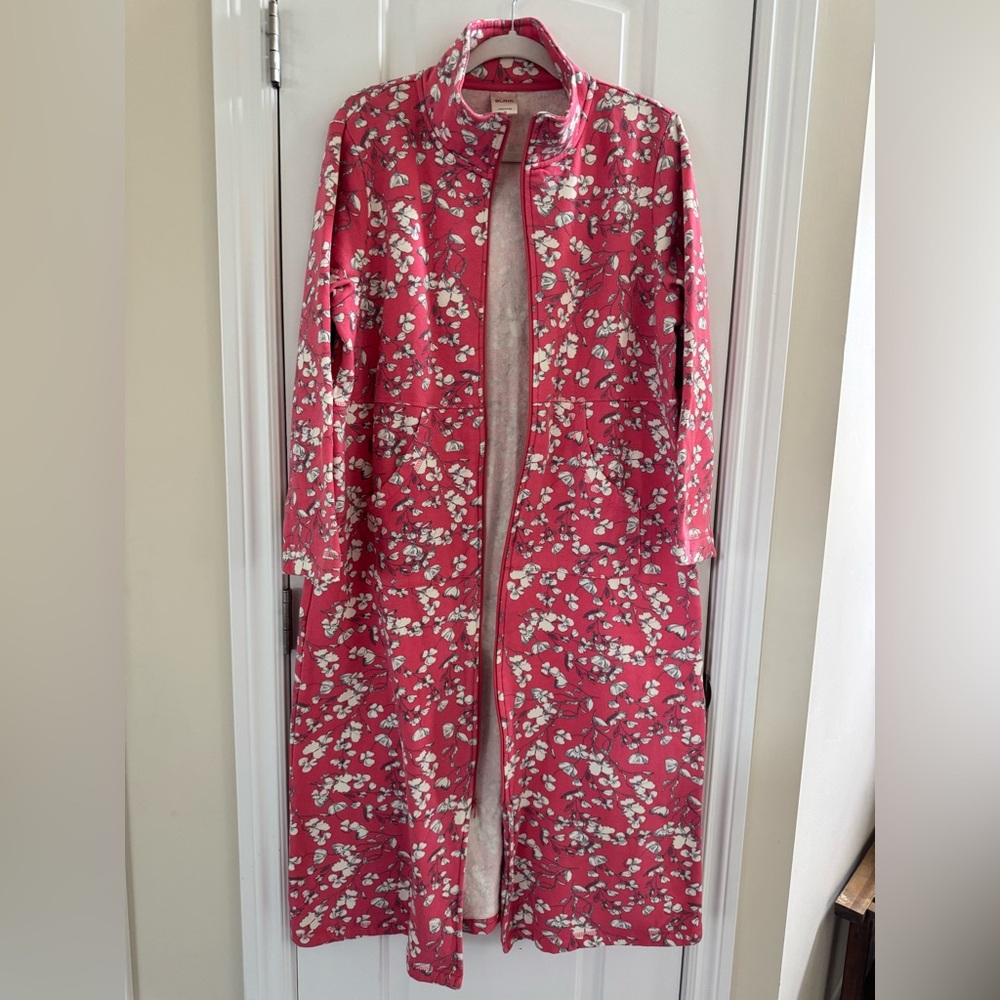 Vtg Long Full Zip Floral Candy Pink Robe M Lounger Housecoat Mumu Retro Granny - Picture 3 of 11